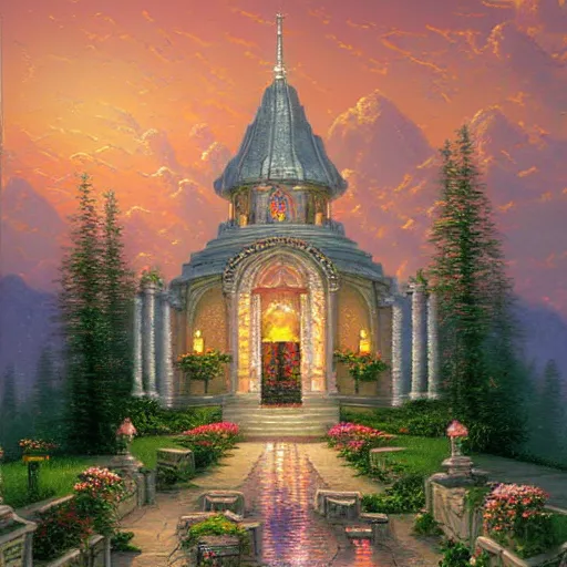 Prompt: The Temple of all Religions painting by Thomas Kinkade