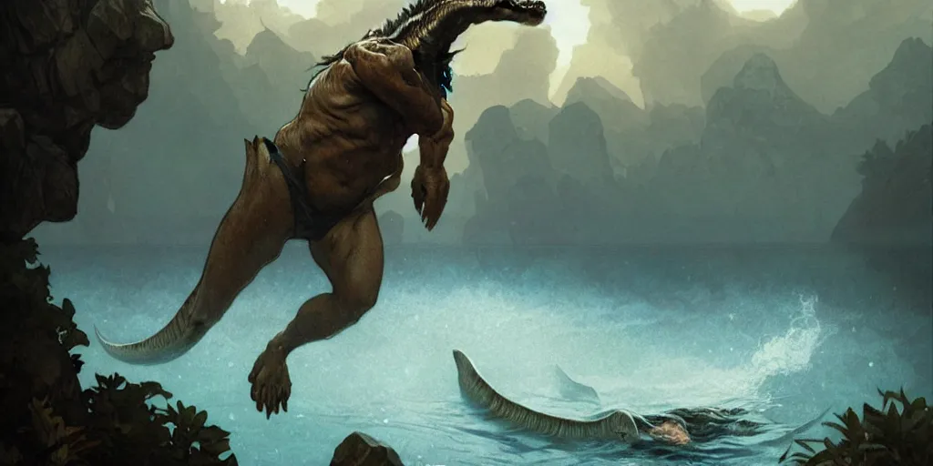 Prompt: prehistoric caveman!!! swimming to escape plesiosaurus, atmospheric beautiful illustration, art by artgerm and greg rutkowski and alphonse mucha 8 k, hd