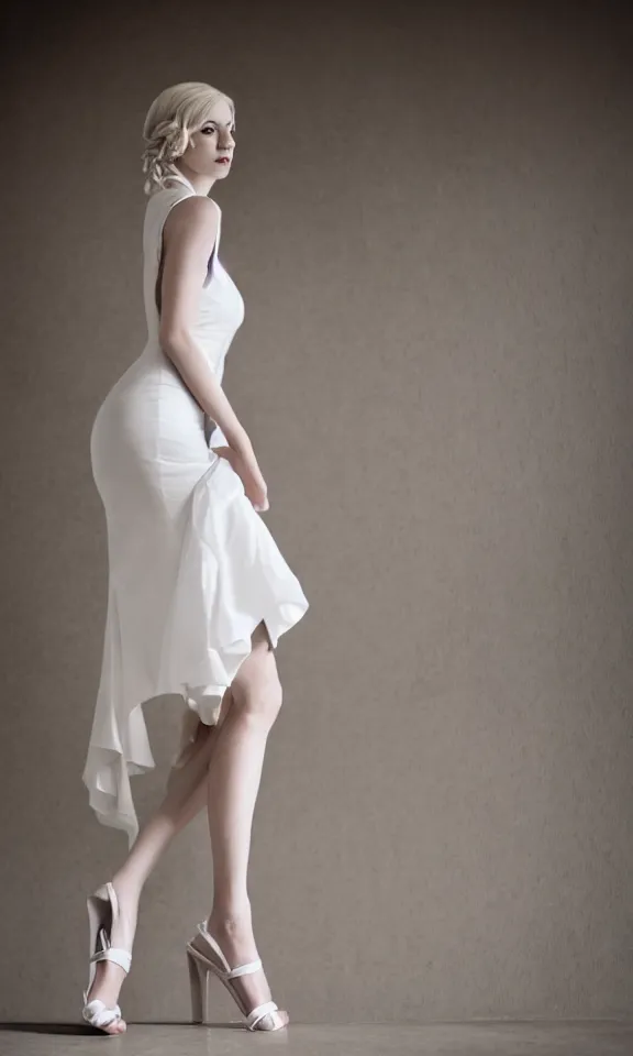 Image similar to photo of gorgeous seductive tall emily skinner cosplaying annie leonhart wearing elegant white dress, wearing open toe heels, in a white room, beautiful face, pale skin, rule of thirds, cinematic lighting, sharp focus, backlit, stunning, smooth, hard focus, full body shot, studio photo, shot on sony a 7 iii