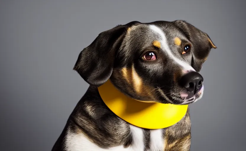 Image similar to studio photography of a dog sitting in front of a yellow background, detailed face, cinematic lighting, 8 k