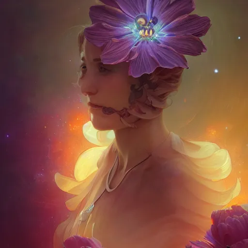 Image similar to Flower in the cosmos, highly detailed, digital painting, artstation, concept art, smooth, sharp focus, illustration, Unreal Engine 5, 8K, art by artgerm and greg rutkowski and alphonse mucha