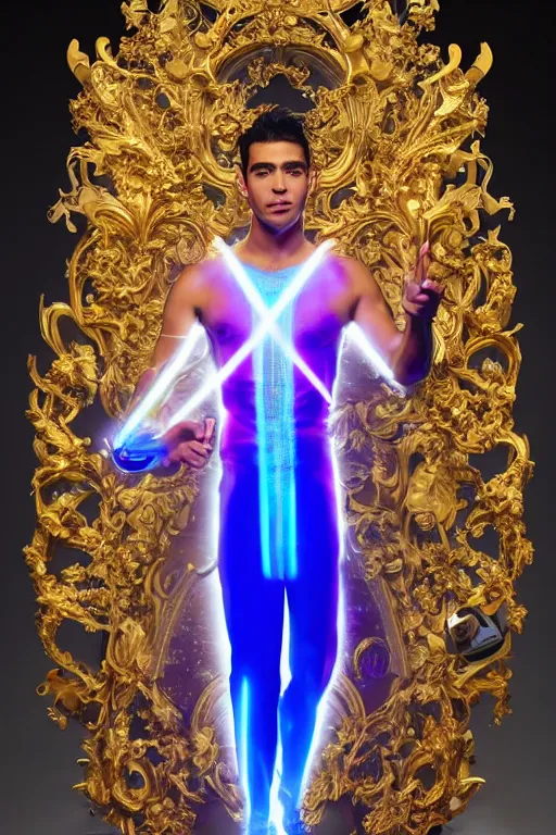 Prompt: full-body sculpture of a young handsome Colombiano prince sin camisa as a half cibernetic android with a glowing blue battery in his chest, white laser beam coming out of his eyes, crown of giant diamonds, flowing neon-colored silk, fabric, raptors, in a cyperbunk and baroque style. baroque elements. full-length view. baroque element. intricate artwork by caravaggio. many many birds birds on background. Trending on artstation, octane render, cinematic lighting from the right, hyper realism, octane render, 8k, depth of field, 3D