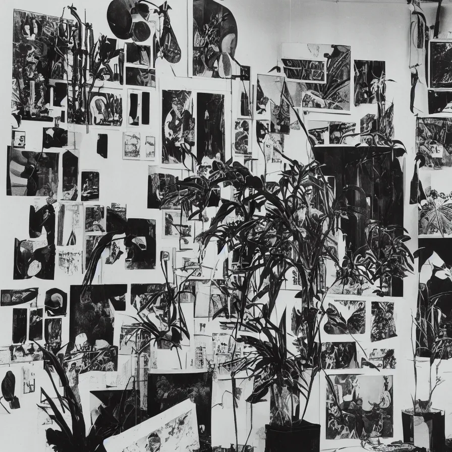 Image similar to A black and white photography of an exhibition space with objects of Sun Ra, Marcel Duchamp and tropical plants, 60s, offset lithography print, newspaper, distant shot