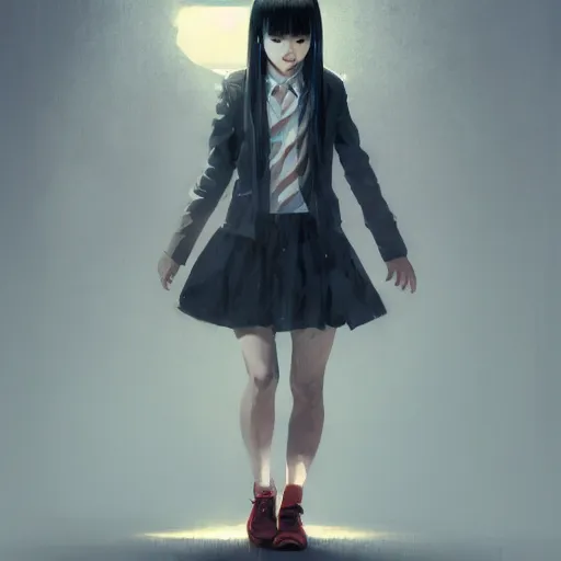 Image similar to full body portrait of a korean schoolgirl with long hair and bangs, her hands are thin red tedrils, dramatic lighting, illustration by Greg rutkowski, yoji shinkawa, 4k, digital art, sci-fi horror concept art, trending on artstation