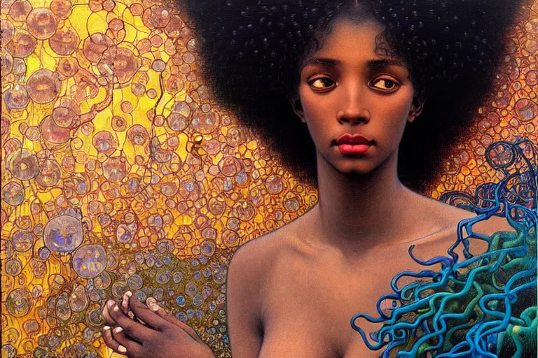 Image similar to realistic extremely detailed portrait painting of a beautiful black woman, city street on background by Jean Delville, Amano, Yves Tanguy, Ilya Repin, Alphonse Mucha, Ernst Haeckel, James C. Christensen, Edward Robert Hughes, Roger Dean, rich moody colours