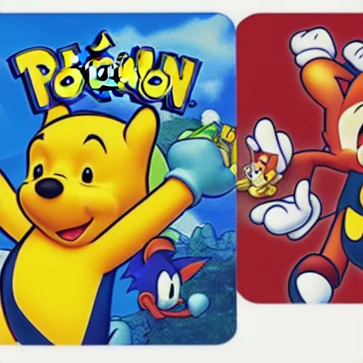 Image similar to photograph of winnie the pooh and super mario and sonic the hedgehog anime style, on pokemon card packs at target