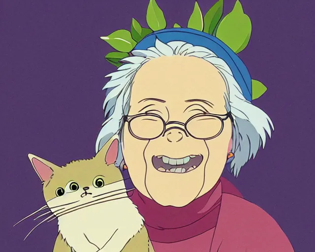 Image similar to fine details portrait of a joyful old lady and her plant cat, by Studio Ghibli. 8k, sharp high quality