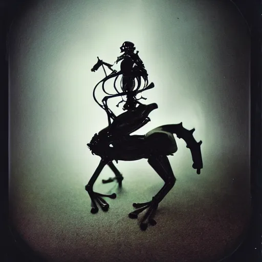 Image similar to frog horseman riding a glowing baroque unicorn skeleton in a thick fog, polaroid photography in style of andrey tarkovski, eerie, mystical, sublime