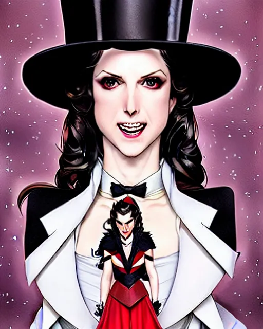 Prompt: beautiful Anna Kendrick Zatanna DC Comics floating on stage, wearing a top hat, symmetrical face symmetrical eyes, smiling, fantasy, intricate details, atmospheric, elegant, concept art, art by artgerm koyoharu gotouge, Norman Rockwell