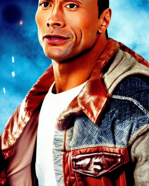 Prompt: film still close - up shot of dwayne johnson as marty mcfly from the movie back to the future. photographic, photography