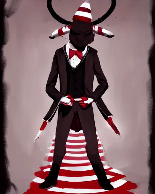 Image similar to Medium shot of Red Imp + White black striped horns + Formal outfit, in the style of greg rutkowski