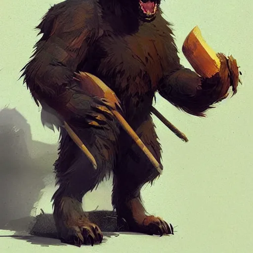 Image similar to cute handsome cuddly werewolf using a wooden club character concept art masterpiece digital art by Greg Rutkowski, Simon Stalenhag, trending on Artstation, CGSociety