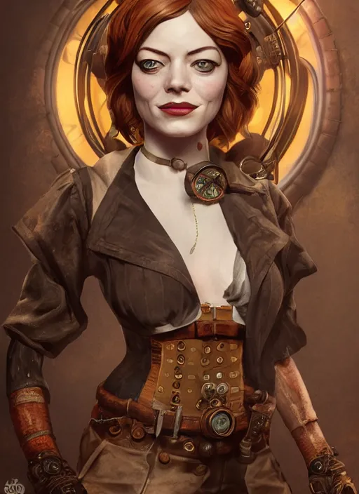 Image similar to Steampunk Bioshock portrait of Emma Stone, au naturel, hyper detailed, digital art, trending in artstation, cinematic lighting, studio quality, smooth render, unreal engine 5 rendered, octane rendered, art style by klimt and nixeu and ian sprigger and wlop and krenz cushart