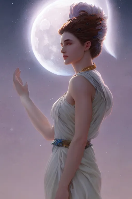 Image similar to goddess of the moon, highly detailed, digital painting, artstation, concept art, smooth, sharp focus, illustration, unreal engine 5, 8 k, art by artgerm and greg rutkowski and edgar maxence