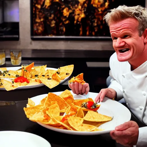 Image similar to Gordon Ramsey reacting to very very extremely delicious nachos expertly arranged and presented