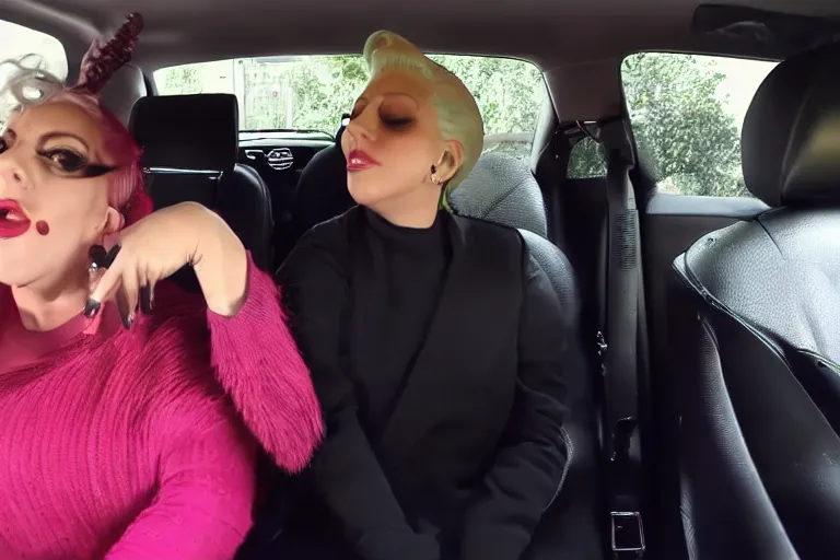 Image similar to lady gaga and judy garland carpool karaoke, highly realistic, highly detailed, high resolution, 8 k 4 k,