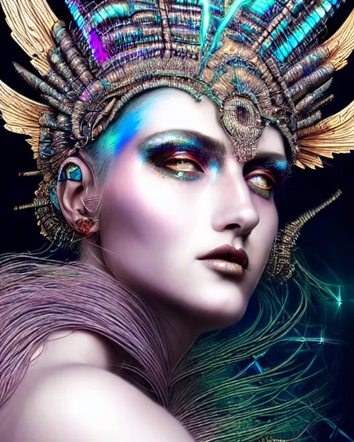 Image similar to hyperrealistic detailed portrait of a beautiful goddess in an iridescent cyber headdress, intricate cyberpunk make - up, art by android jones, john william godward, nekro borja, h. r. giger, gothic - cyberpunk,