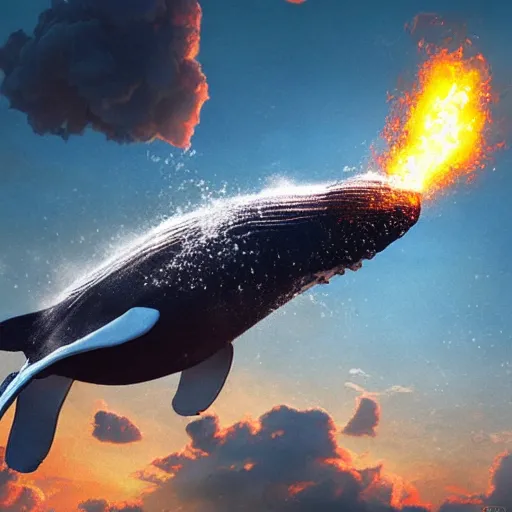 Image similar to a giant flying whale shooting fireballs from it's mouth, extreme detail, matte painting, trending, fine art