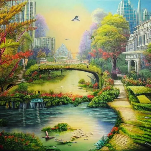 Image similar to Beautiful city of the future in harmony with nature. Beautiful detailed painting by Lurid. (2022)