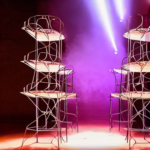 Prompt: an opera scenography of a tower of old chairs with laser lights.