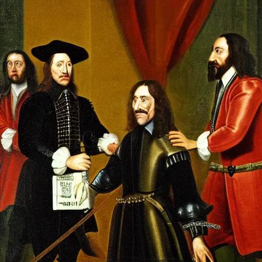 Image similar to Oliver Cromwell being arrested in Parliament by King Charles I painting 4K details