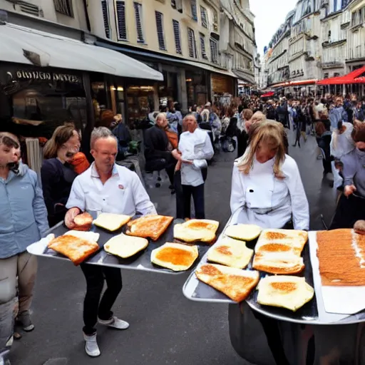 Image similar to dutch chefs impressing the French people with superior pancakes in a street in Paris