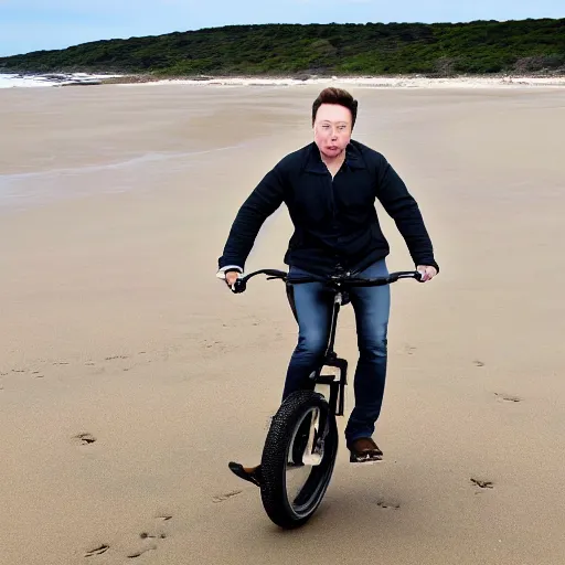 Prompt: hd photo of elon musk riding a unicycle on the beach