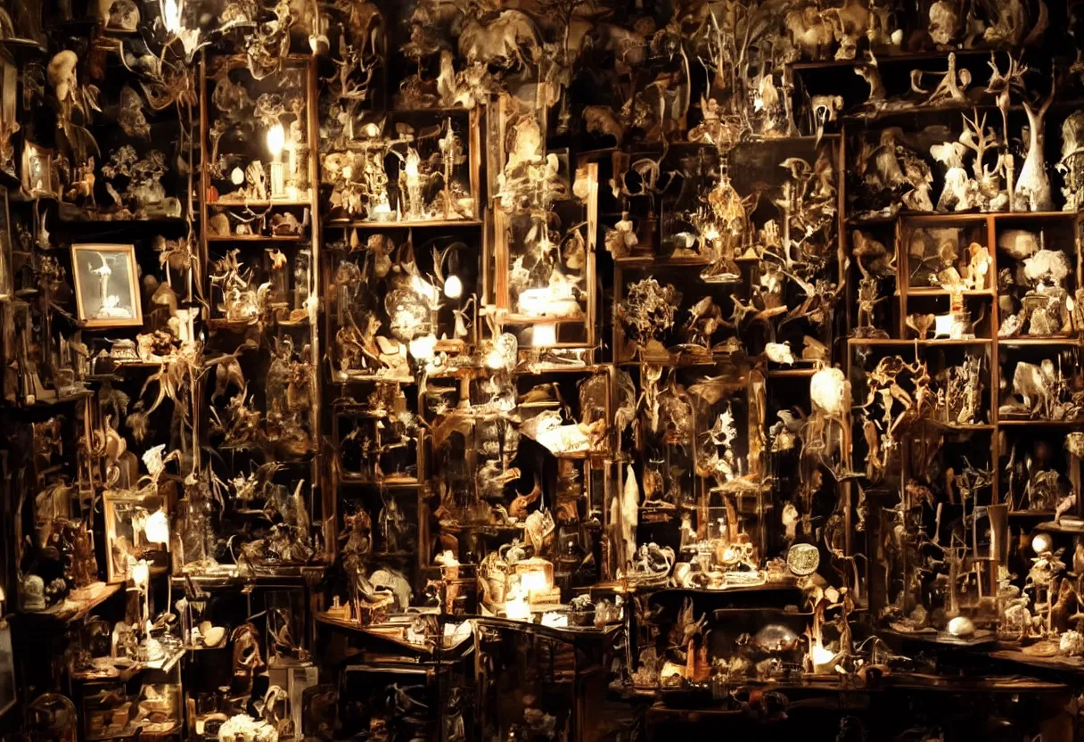 Prompt: wunderkammer, cabinet of curiosities, small dark room, large specimens, taxidermy, candles, desk, dramatic lighting, gloomy, moody, creepy