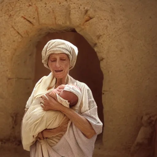 Prompt: film still of 80 year old sentimental Mediterranean skinned woman in ancient Canaanite clothing holding a newborn baby, crying, awe, love, ancient interior tent background, Biblical epic movie