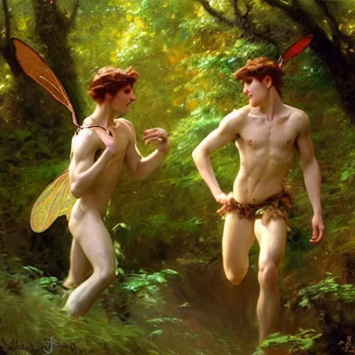 Image similar to 2 attractive male fairies in the forest frolicking. highly detailed painting by gaston bussiere, craig mullins, j. c. leyendecker, 8 k