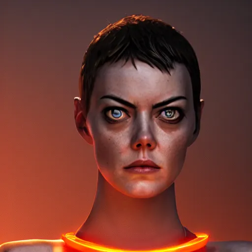 Image similar to Emma Stone as Furiosa by Ilya Kushvikov, symmetrical face concept art, octane render unreal engine meta humans, trending on artstation, desert, main colors orange, yellow, red and white