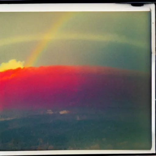 Prompt: polaroid photo of colorful rainbow over the nuclear explosion