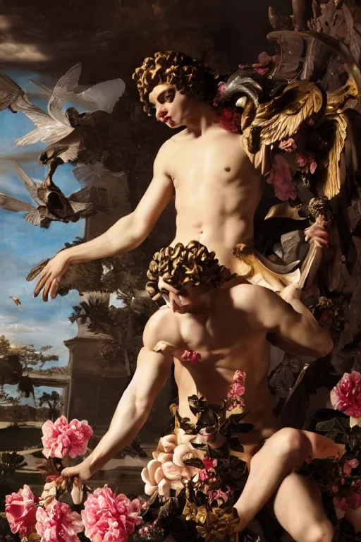 Prompt: a young handsome Spanish prince in a full-body bronze baroque statue of Icarus posed seductively, crown of peach roses, flowing pink-colored silk, fabric, flowers. baroque elements, human skull. full-length view. baroque element. intricate artwork by caravaggio. many many birds birds on background. Trending on artstation, octane render, cinematic lighting from the right, hyper realism, octane render, 8k, depth of field, 3D