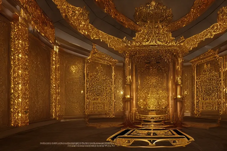 Prompt: Fantasy Asian inspired royal throne room with infinitely high ceilings, infinitely long corridors, gilded and bejeweled, natural lighting, digital painting, concept art by Shaddy Safadi