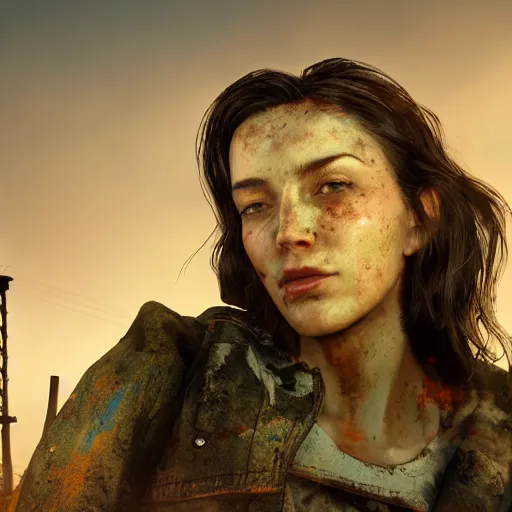 Image similar to fallout 5, charismatic beautiful rugged brunette female protagonist, portrait, outdoors abandoned farmhouse with decrepit water tower, atmospheric lighting, painted, intricate, volumetric lighting, beautiful, daytime, sunny weather, slight overcast, golden hour, sharp focus, deep colours, ultra detailed, by leesha hannigan, ross tran, thierry doizon, kai carpenter, ignacio fernandez rios