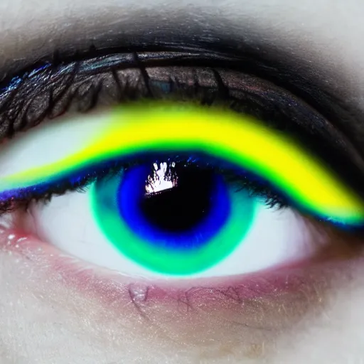 Image similar to (((((((( film still of a human eye in rainbow rue : realistic skin, realistic eye lashes : 8K UHD !!!!!!