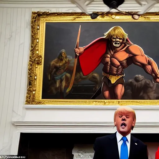 Prompt: he - man fights skeletor hyper realistic in the white house