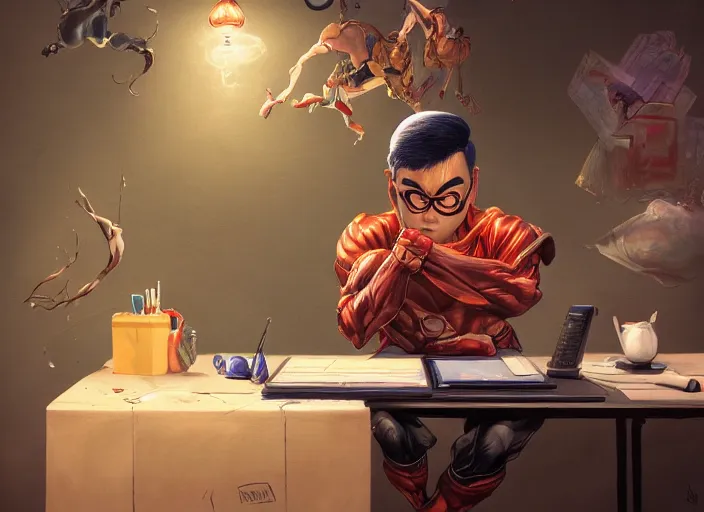 Image similar to an insanely detailed painting of an asian man wearing a homemade superhero costume, sitting at a desk, staring seriously at the computer and typing, in the style of peter mohrbacher, james jean, artgerm, dramatic lighting and composition, surreal background, octane render, pixar, trending on artstation, concept art, comic book, view from behind, 8 k