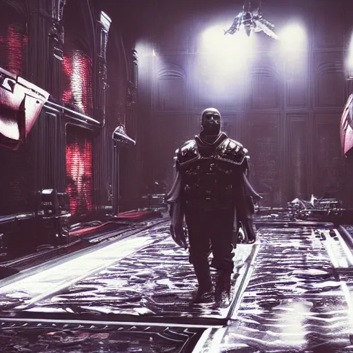 Image similar to Portrait of Kanye West as the emperor of humanity from warhammer 40k in Gears of War, splash art, movie still, cinematic lighting, dramatic, octane render, long lens, shallow depth of field, bokeh, anamorphic lens flare, 8k, hyper detailed, 35mm film grain