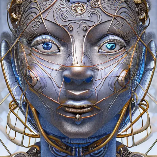 Image similar to female robot pilot, mechanical creature, electronic wires, girl face, dystopian surrealism, alex ries zdzisław beksinski giger, symmetry accurate features, very intricate details, hres, naraka buddhist demon korean female, luminous eyes, smooth marbled surfaces, cinematic smooth ceramic, deep aesthetic, concept art, carved silver texture golden cloth, highly ornate intricate details