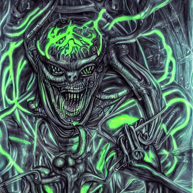 Image similar to a giger demon with fluorescent flesh, wispy ink horrors, prismatic neon glow backdrop, photo pic by hyperrealism