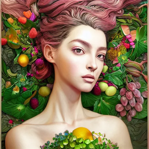 Prompt: the portrait of an absurdly beautiful, graceful, elegant, young woman made of fruits and green petals, an ultrafine hyperdetailed illustration by kim jung gi, irakli nadar, intricate linework, bright colors, octopath traveler, final fantasy, angular, unreal engine 5 highly rendered, global illumination, radiant light, detailed and intricate environment