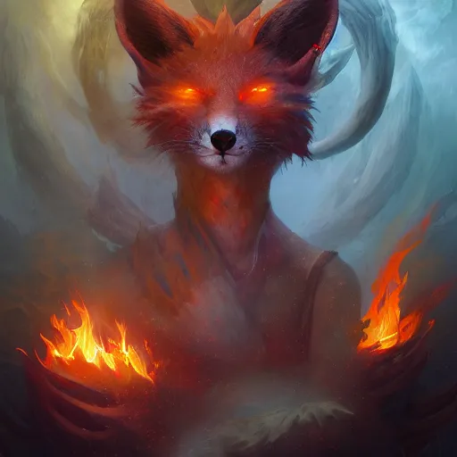 Image similar to anthropomorphic druidic fox in a vortex of flame, 8k resolution matte fantasy painting, cinematic lighting, DeviantArt Artstation, Jason Felix Steve Argyle Tyler Jacobson Peter Mohrbacher