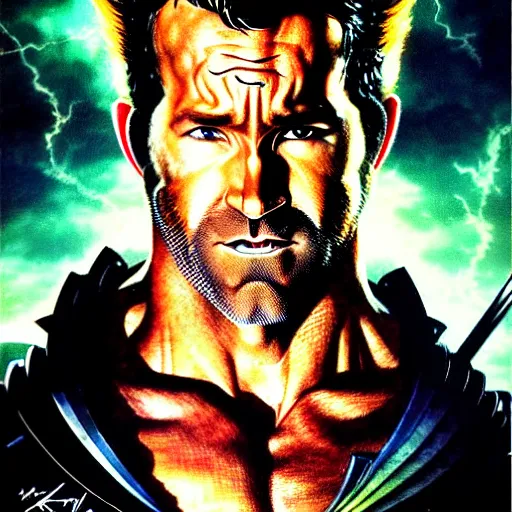 Image similar to uhd photorealistic portrait of ryan reynolds as wolverine, by amano, ayami kojima, greg rutkowski, lisa frank, mark brooks, and karol bak, masterpiece, cinematic composition, dramatic pose, studio lighting, hyperdetailed, intricate details