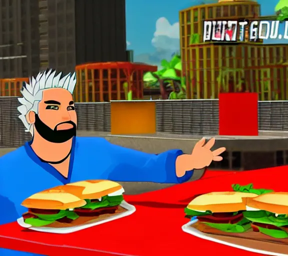 Prompt: screencap of guy fieri ps 2 play station 2 burger eating minigame, ign screenshot, 3 d graphics, stylized character models, game ui, hq image