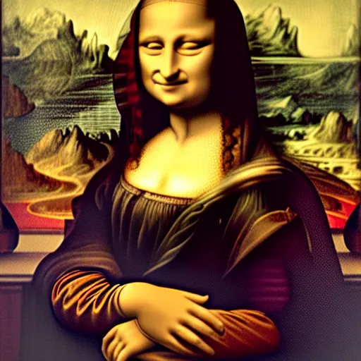 Prompt: Stunning studio photograph of Mona Lisa in a red dress smiling slightly for the camera, XF IQ4, f/1.4, ISO 200, 1/160s, 8K, RAW, unedited, symmetrical balance, in-frame, sharpened