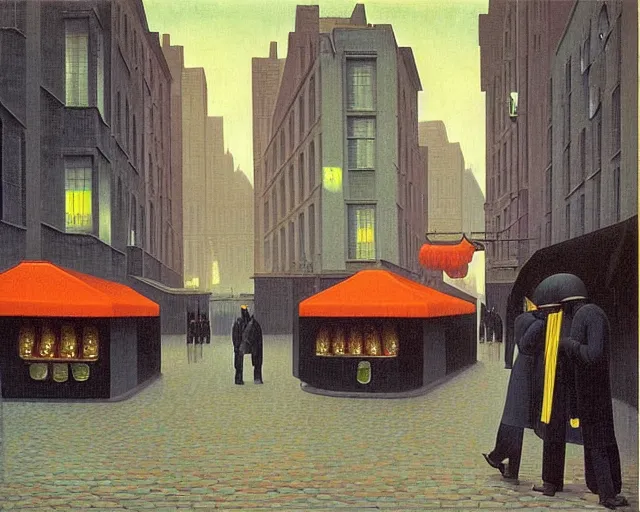 Prompt: street with food stands in a cyberpunk city on a rainy melancholy night by rene magritte