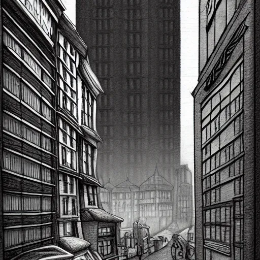 Image similar to a drawing of a city street with a tall building, a storybook illustration by carles delclaux is, behance contest winner, new objectivity, streetscape, storybook illustration, matte drawing