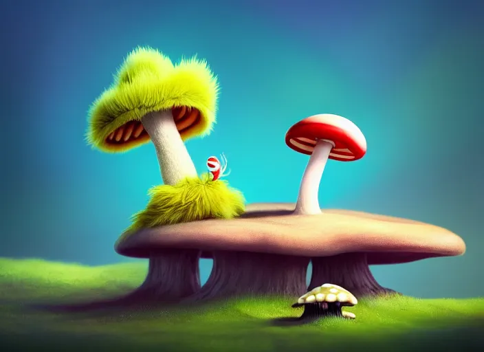 Image similar to a cute dr seuss creature sitting next to a mushroom, dof, artgerm lau, wlop, rossdraws, artstation, cgsociety, concept art, octane render, unreal engine, 4 k, 8 k