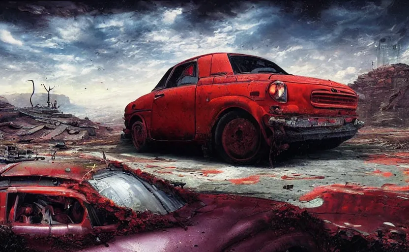 Prompt: red fiat in a post - apocalyptic landscape, dramatic scifi painting, highly detailed, dystopian, low angle view, by alex schomburg, by paul lehr